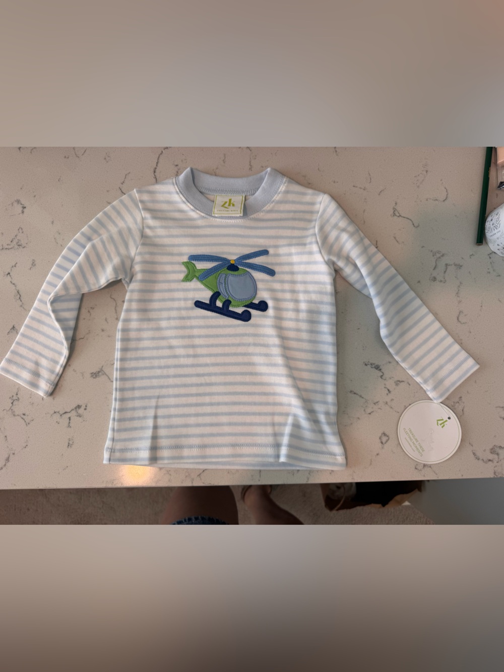 Striped Light Blue & White Long-Sleeve Tee with Helicopter Applique